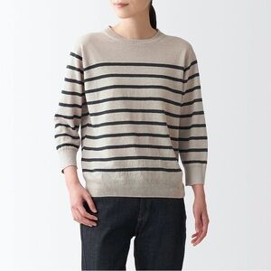 Muji Ladies' French Linen Crew Neck Quarter Sleeves Sweater Sand Striped